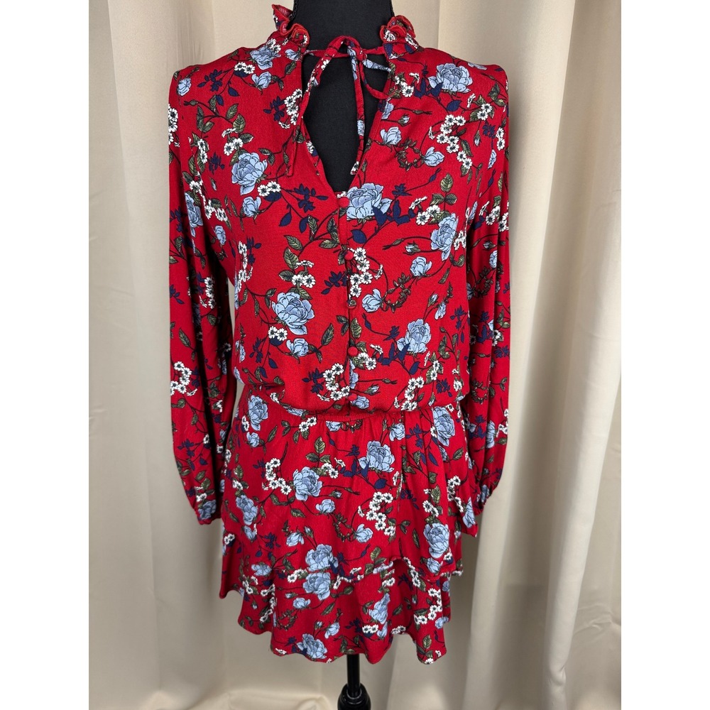 Yumi Kim Love Always Dress Red Floral Ruffle Hem‎ Tie Neck Long Sleeve Size S